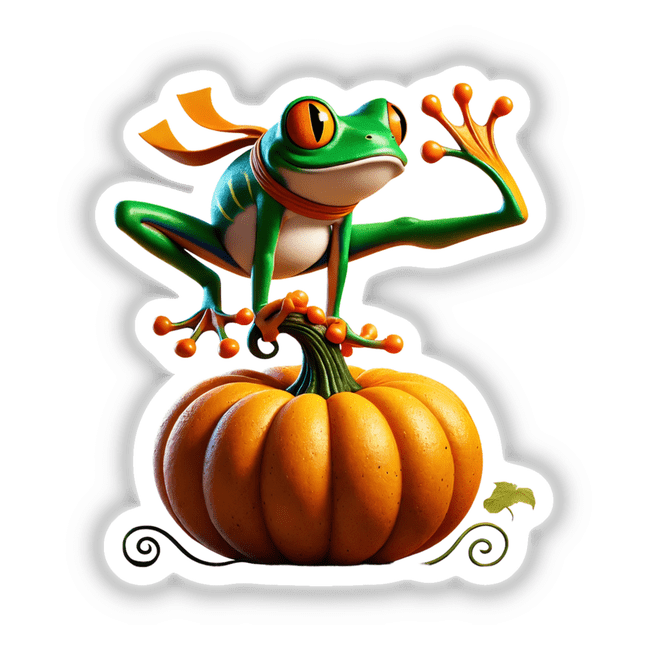 Cartoon frog standing on a pumpkin, available as stickers or digital artwork from Decal Venue.