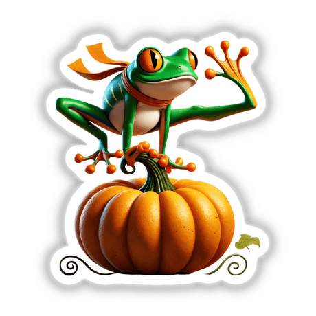 Cartoon frog standing on a pumpkin, available as stickers or digital artwork from Decal Venue.