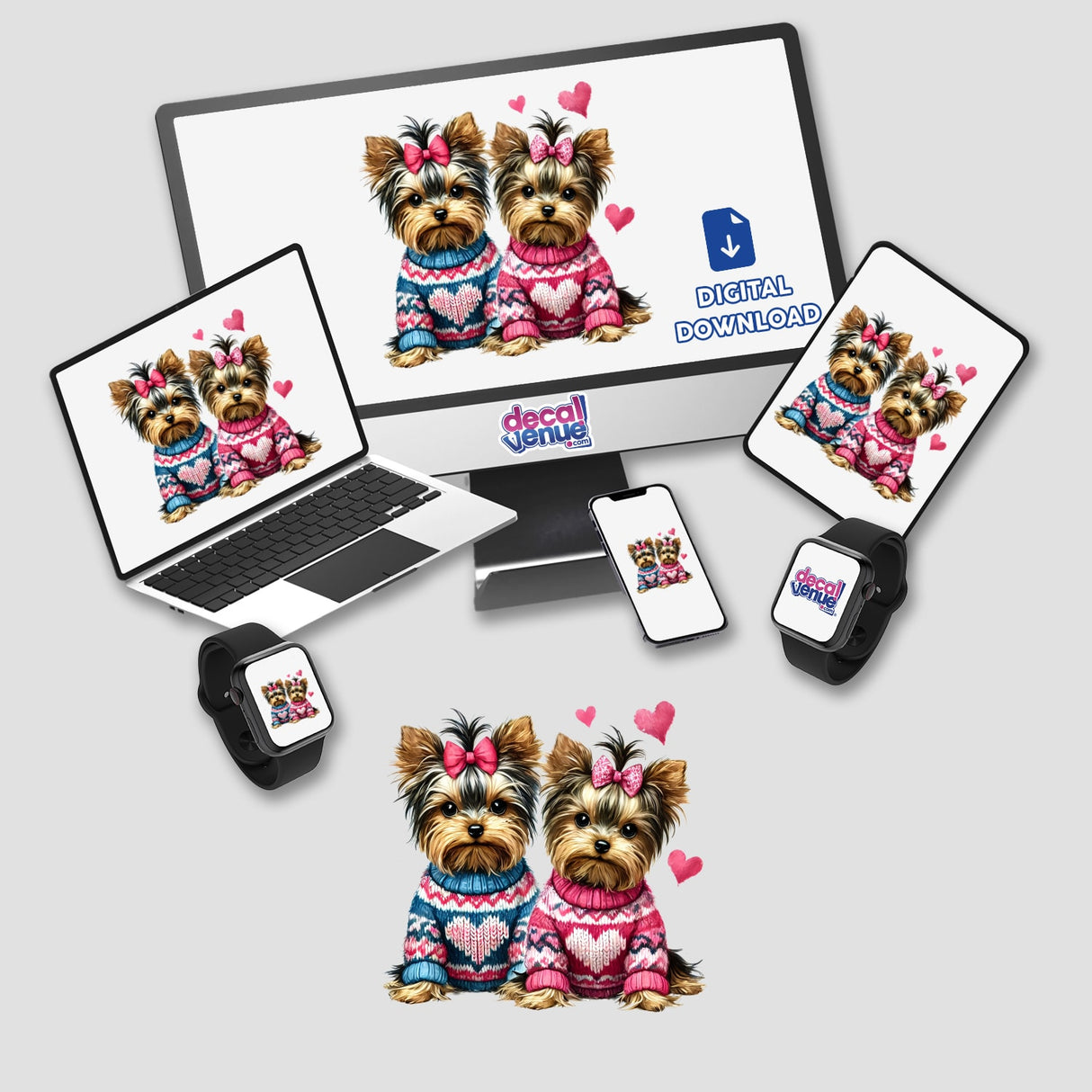 Two Yorkie Dogs in Heart Sweaters displayed on a laptop and monitor, showcasing unique digital artwork available as stickers or digital downloads from Decal Venue.