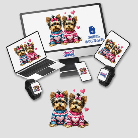 Two Yorkie Dogs in Heart Sweaters displayed on a laptop and monitor, showcasing unique digital artwork available as stickers or digital downloads from Decal Venue.
