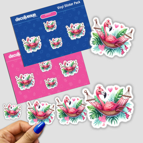 Flamingo Bird Lounging in Hammock sticker pack features whimsical pink flamingos in hammocks, ideal for adding a playful, tropical touch to your belongings or space.
