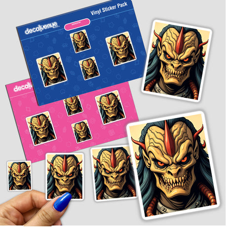 Cartoon stickers featuring A Cool Alien Predator Soldier with various monster designs, available as vinyl stickers or digital artwork, showcasing unique characters from Decal Venue.