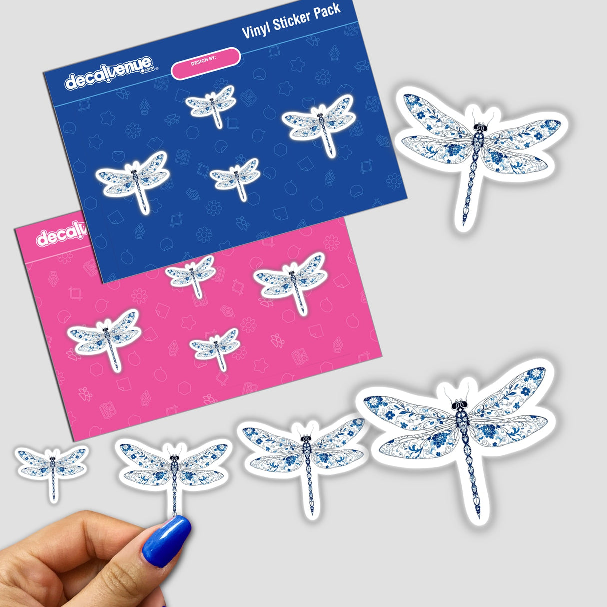 Chinoiserie Dragonfly stickers feature intricate dragonfly designs with floral patterns, available as physical stickers or digital artwork, reflecting Decal Venue's unique creative offerings.