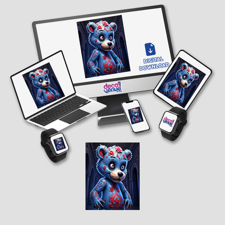 A Macabre Scary Bear depicted on a computer and laptop screen, available as unique stickers or digital artwork, featuring a cartoon bear character.