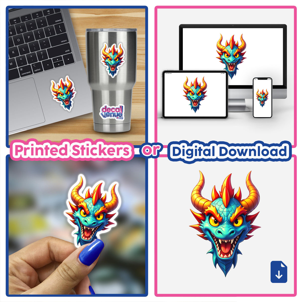 A collage featuring A Cool Fantasy Dragon in cartoon form on various items like a laptop and phone, available as unique stickers or digital artwork from Decal Venue.