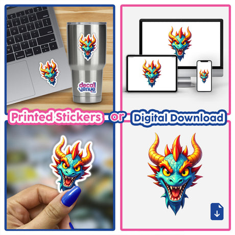 A collage featuring A Cool Fantasy Dragon in cartoon form on various items like a laptop and phone, available as unique stickers or digital artwork from Decal Venue.