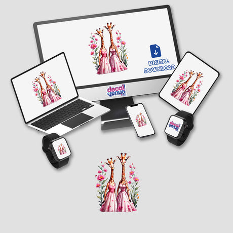 Cute Giraffes in Flowexr Dresses Sticker features whimsical giraffes in floral dresses on digital screens, showcasing a fun and quirky animal design perfect for unique sticker enthusiasts at Decal Venue.