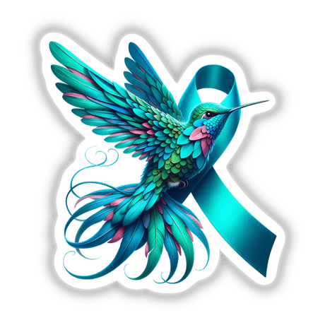 Hummingbird Teal Ribbon Cervical Cancer Awareness design, featuring a delicately illustrated hummingbird entwined with a teal ribbon, available as stickers or digital artwork from Decal Venue.