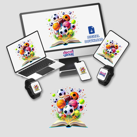 Vibrant Sports Ball Explosion Emerging from an Open Book artwork, depicting dynamic sports balls bursting out, available as high-quality stickers or digital art for energetic decor.