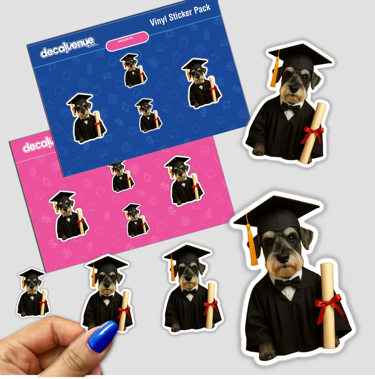 Graduation Schnauzer sticker pack featuring a proud dog in a cap and gown holding a diploma, perfect for celebrating academic achievements with unique vinyl stickers or digital artwork.