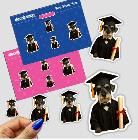 Graduation Schnauzer sticker pack featuring a proud dog in a cap and gown holding a diploma, perfect for celebrating academic achievements with unique vinyl stickers or digital artwork.