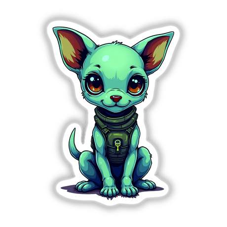 Digital artwork of a cute green dog in a space-themed outfit, perfect for stickers or digital downloads for dog and space lovers.