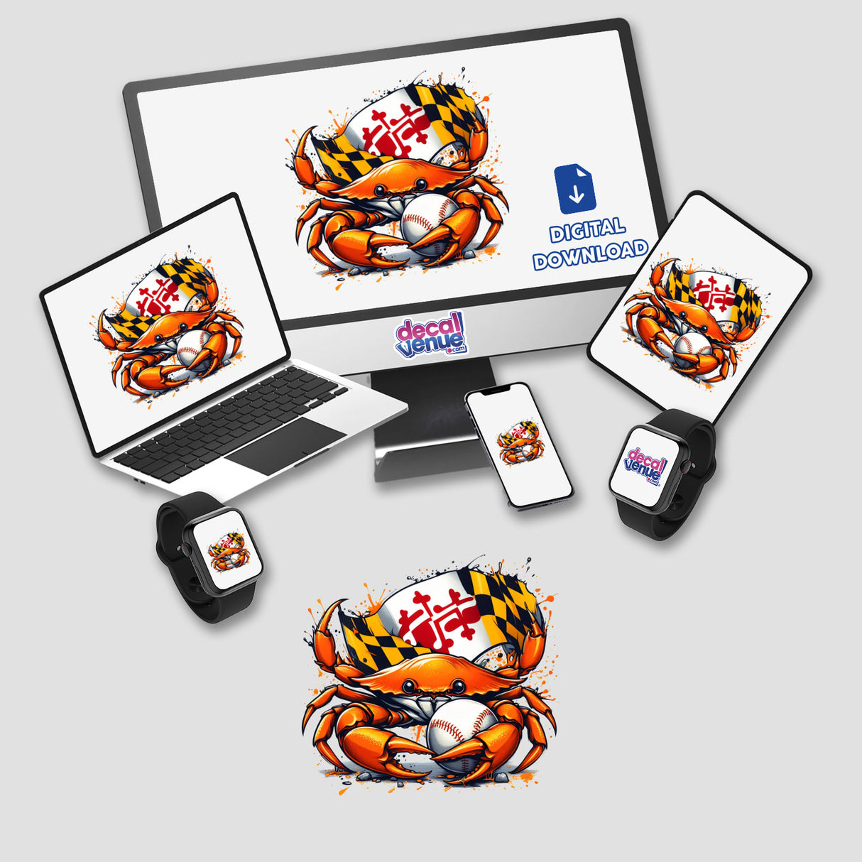 Maryland Steamed Baseball Blue Crab design displayed on a computer monitor and laptop, featuring a cartoon crab holding a baseball and a flag. Available as stickers or digital artwork.