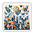 Butterfly and mushroom illustration featuring vibrant butterflies, a cartoon mushroom, and a playful cityscape, available as stickers or digital artwork from Decal Venue.