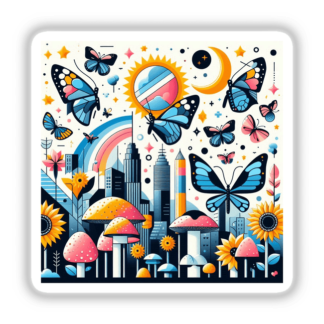 Butterfly and mushroom illustration featuring vibrant butterflies, a cartoon mushroom, and a playful cityscape, available as stickers or digital artwork from Decal Venue.