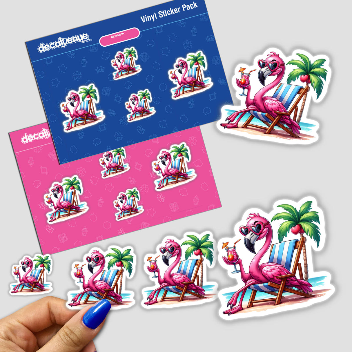 Beach Flamingo Chillin' with Tropical Drink - Vibrant digital artwork featuring a pink flamingo relaxing with a tropical drink, surrounded by palm trees, on a colorful vinyl sticker pack.