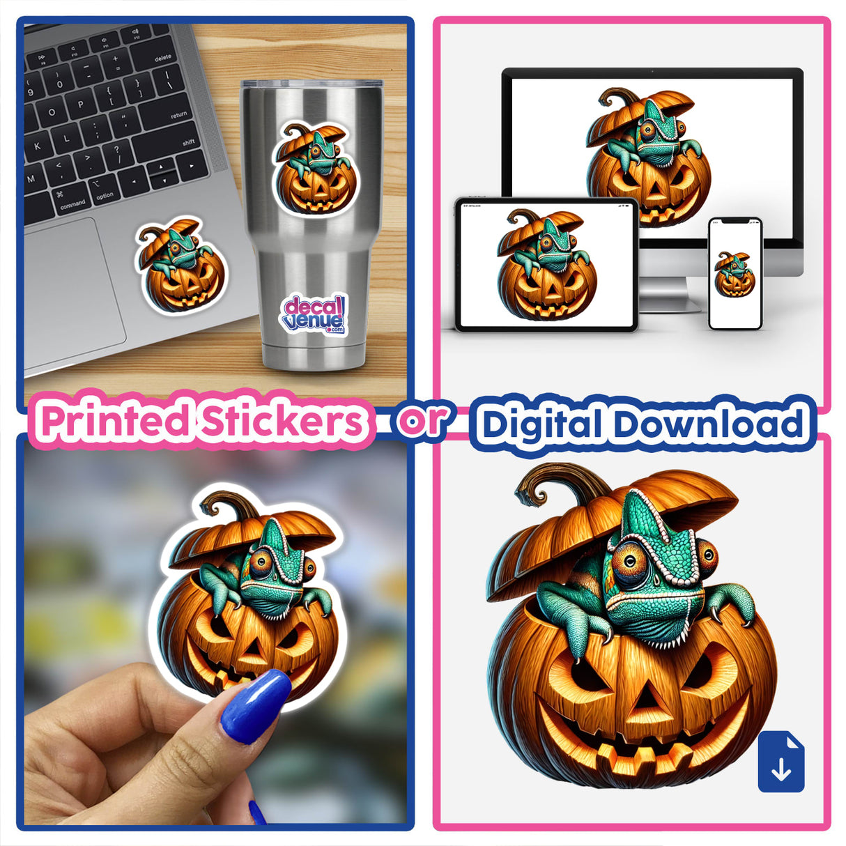 Colorful Halloween chameleon peeking out of pumpkin artwork, available as printed stickers or digital downloads on Decal Venue's store.