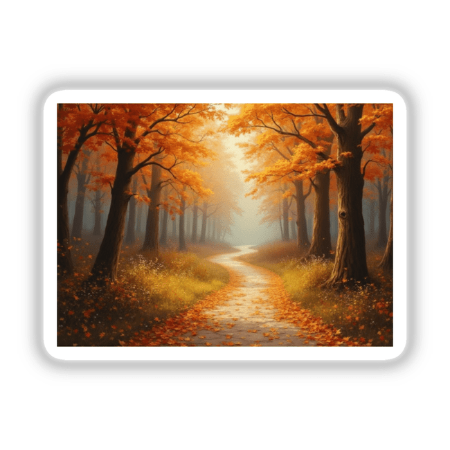 Cozy Fall Forest Path - Autumn iPad Pro 12.9-inch Wallpaper | Stickers or Download with Commercial Rights: features a serene, winding path through an orange-leaved forest, ideal for nature and autumn enthusiasts.