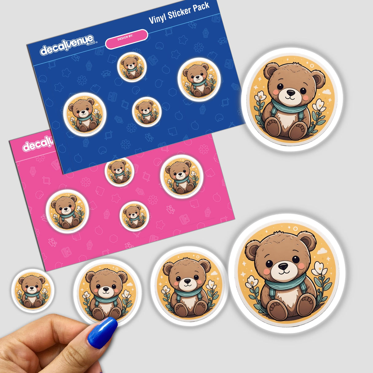 Adorable teddy bear sticker pack from Decal Venue featuring cute, illustrated designs in various poses against floral backgrounds.