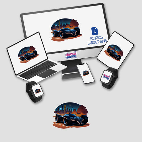 Futuristic Electric Race Car featured on a laptop screen, available as stickers or digital artwork at Decal Venue, showcasing unique vinyl sticker design and digital art options.