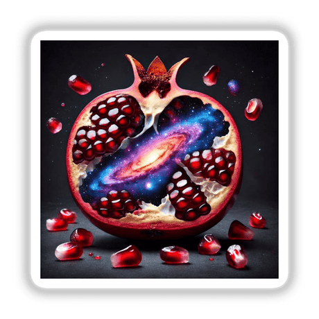 Cosmic Jewel Galaxy Within a Pomegranate: An artistic depiction of a pomegranate revealing a vibrant galaxy inside. Available as stickers or digital artwork from Decal Venue.