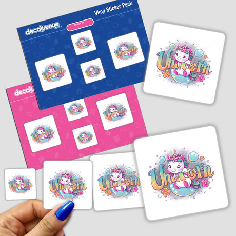 Colorful unicorn-themed vinyl sticker pack featuring whimsical, cartoon-style illustrations on a variety of stickers.