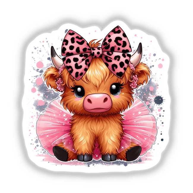 Adorable highland cow with leopard bow and pink tutu, surrounded by colorful splatter design
