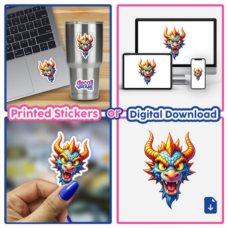 Cool Fantasy Dragon sticker collage featuring various cartoon dragon designs on items like a laptop and cup, showcasing unique vinyl stickers from Decal Venue.