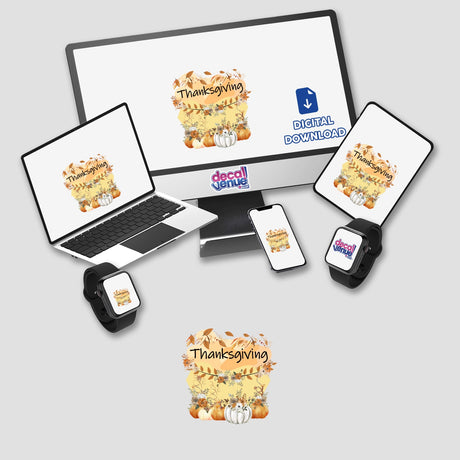 Thanksgiving Greetings displayed on various devices, showcasing stickers or digital artwork featuring festive designs with pumpkins and flowers, available at Decal Venue.