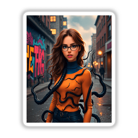 A Scary Symbiote Mutant Girl with octopus tentacles, wearing glasses; available as unique vinyl stickers or digital artwork, capturing a blend of human and mysterious creature elements.