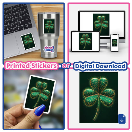 Golden Shamrock – Luxurious Green Clover with Gold Accents depicted in a collage; includes a silver mug, laptop, and digital screens featuring the intricate clover design as stickers or digital artwork.
