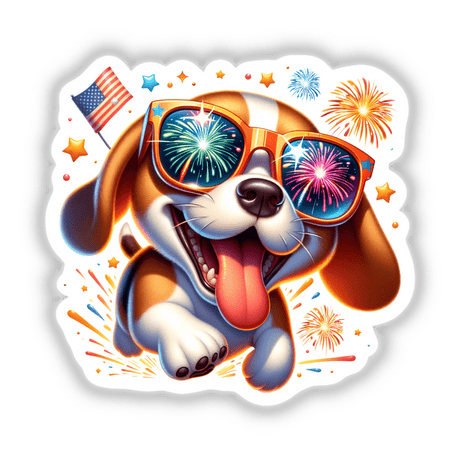 Beagle Dog Wearing Festive Glasses with Fireworks
