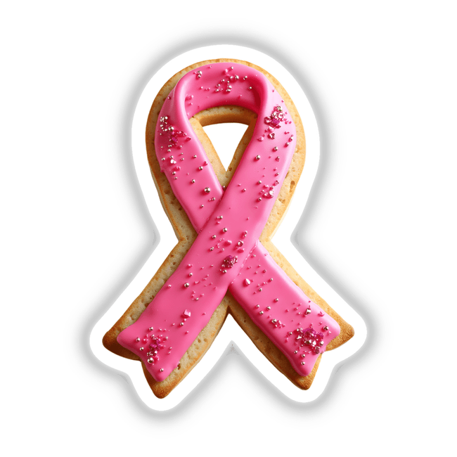 Pink Ribbon-Shaped Cookie with Glitter Accents for Breast Cancer Awareness, featuring pink frosting and silver sprinkles, available as stickers or digital artwork from Decal Venue.