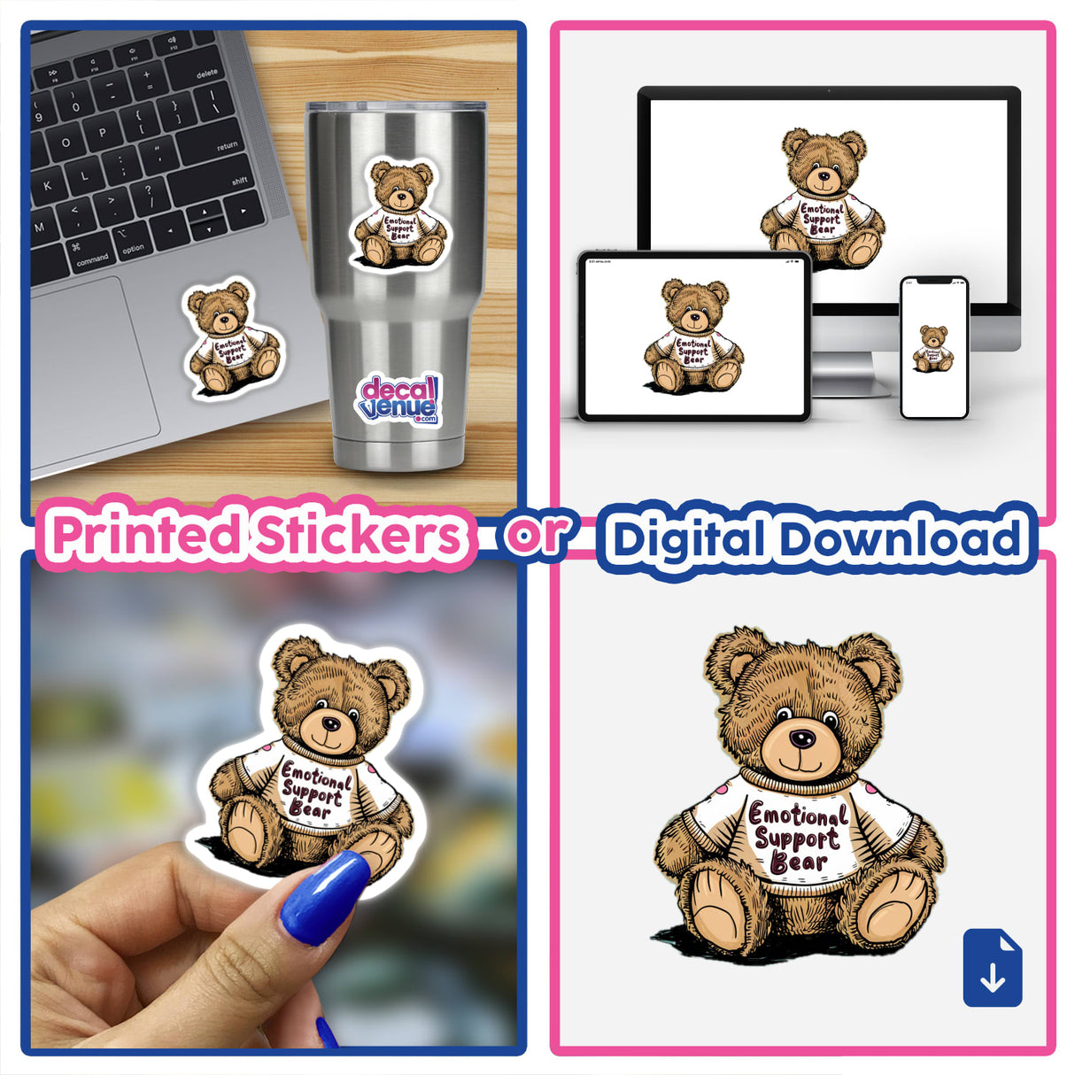 Cute and cuddly emotional support bear digital artwork available as printed stickers or digital download from Decal Venue, an online store offering unique stickers and digital art.