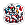 Pit Bull Terrier cartoon on an American flag float, holding a beer and a flag. Available as stickers or digital artwork.