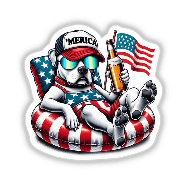 Pit Bull Terrier cartoon on an American flag float, holding a beer and a flag. Available as stickers or digital artwork.