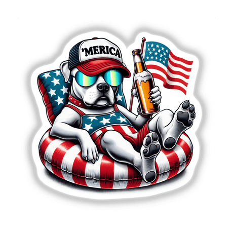 Pit Bull Terrier cartoon on an American flag float, holding a beer and a flag. Available as stickers or digital artwork.