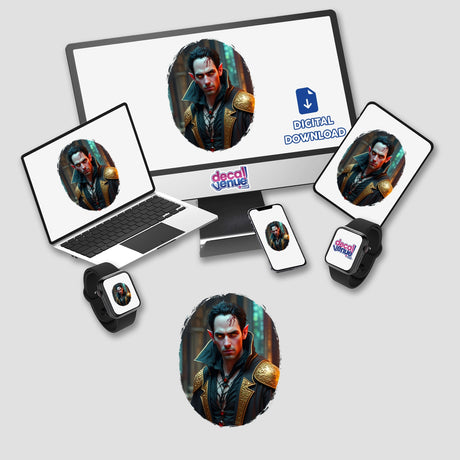 Demon Vampire Of The Underworld digital artwork displayed on a laptop screen, featuring a man with red eyes and a black and gold garment, available as stickers or digital art.