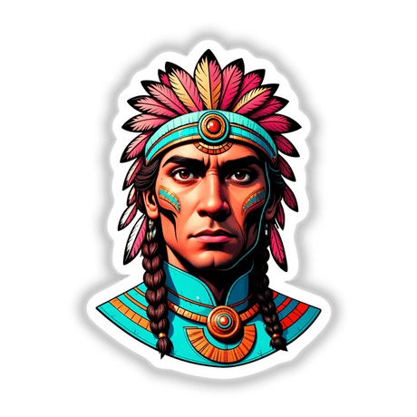 A digital artwork titled A Native American Warrior Chief, featuring a man with a feathered headdress, available as unique stickers or digital art.