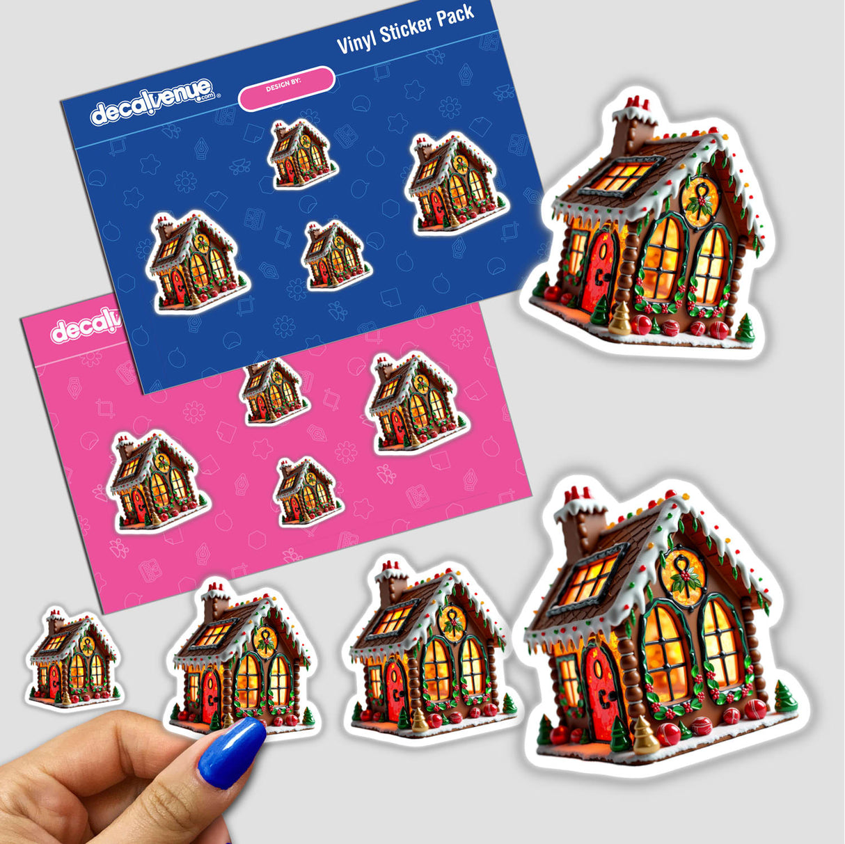 Gingerbread House Stained Glass Style stickers showcase whimsical gingerbread house designs illuminated with lights, perfect for adding a festive touch to any surface. Available as stickers or digital artwork.