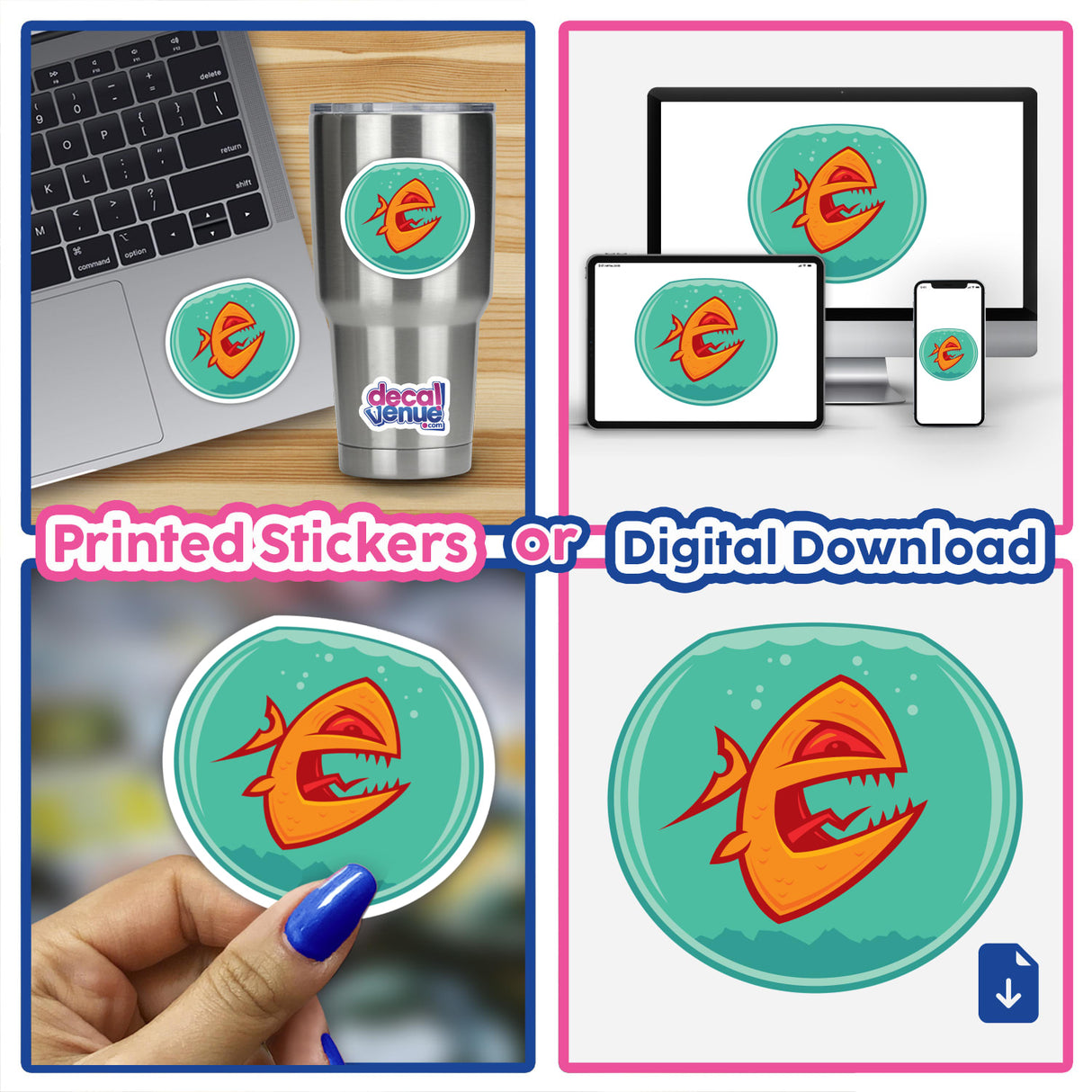 Angry Goldfish sticker collage featuring a cartoon fish with sharp teeth, showcased on various surfaces like a laptop keyboard, available as part of a sticker pack or individually.
