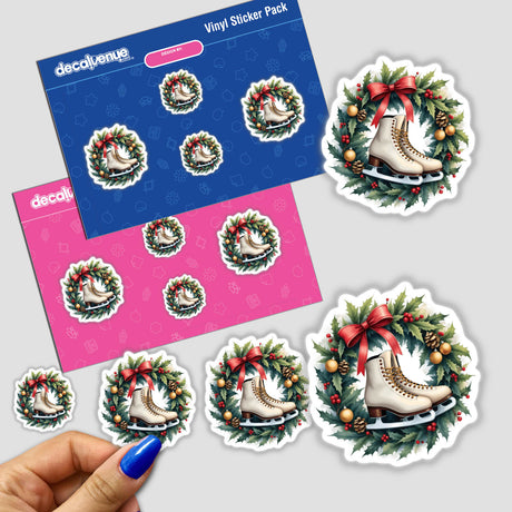 Sticker pack featuring the Ice Skates in a Christmas Wreath design, showcasing festive ice skates nestled within a wreath, ideal for holiday decor and Christmas projects from DecalVenue.