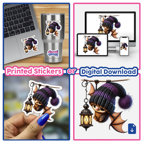 Bat Gnome with Lantern: A collage featuring a cartoon bat gnome holding a lantern, available as stickers or digital artwork.