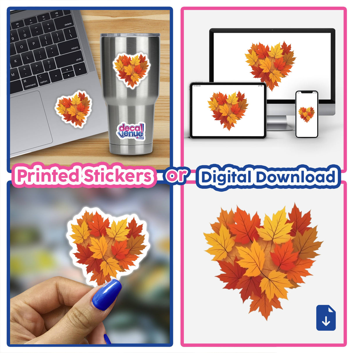 Heart-shaped autumn leaves collage as sticker or digital artwork, perfect for fall aesthetics. Available as Fall Aesthetic Heart Clipart | Autumn Leaves Graphic | Stickers or Commercial Rights Download.