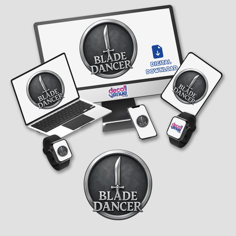 Blade Dancer – RPG-Style Skill Badge: Silver Sword Emblem available as stickers or digital artwork, showcasing intricate sword design ideal for vinyl enthusiasts and digital art collectors at Decal Venue.