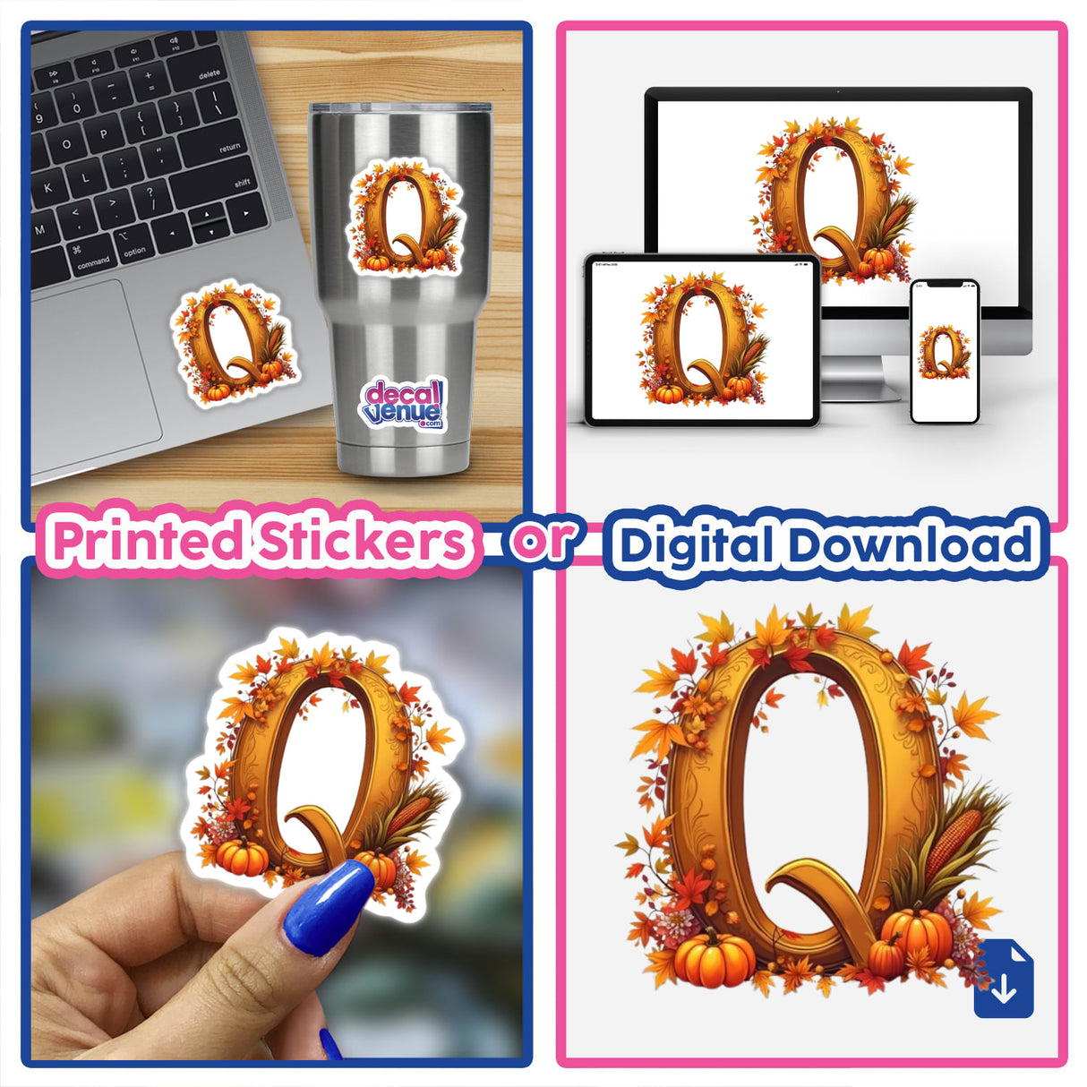 Collage featuring Fall Aesthetic Letter Q Clipart | Stickers or Download with Commercial Rights, including pumpkins, leaves, and a sticker on a laptop. Available as stickers or digital artwork.