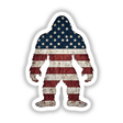 American Sasquatch: Illustration of a large yeti holding a flag, available as stickers or digital artwork, capturing a whimsical and festive essence.