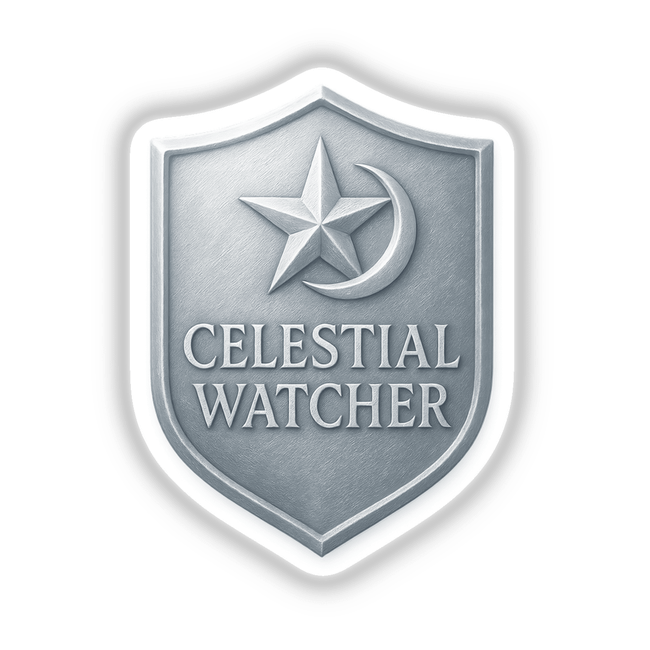 Celestial Watcher – RPG-Style Skill Badge featuring a silver star and moon shield design, available as a sticker or digital artwork, reflecting Decal Venue's unique vinyl and digital art offerings.