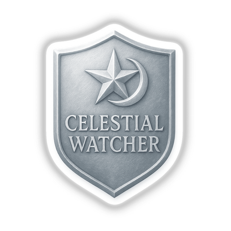 Celestial Watcher – RPG-Style Skill Badge featuring a silver star and moon shield design, available as a sticker or digital artwork, reflecting Decal Venue's unique vinyl and digital art offerings.