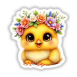 Baby Chick Wearing a Blooming Floral Crown, a charming cartoon design, perfect as a sticker or digital art, showcasing a cute chick with flowers on its head.